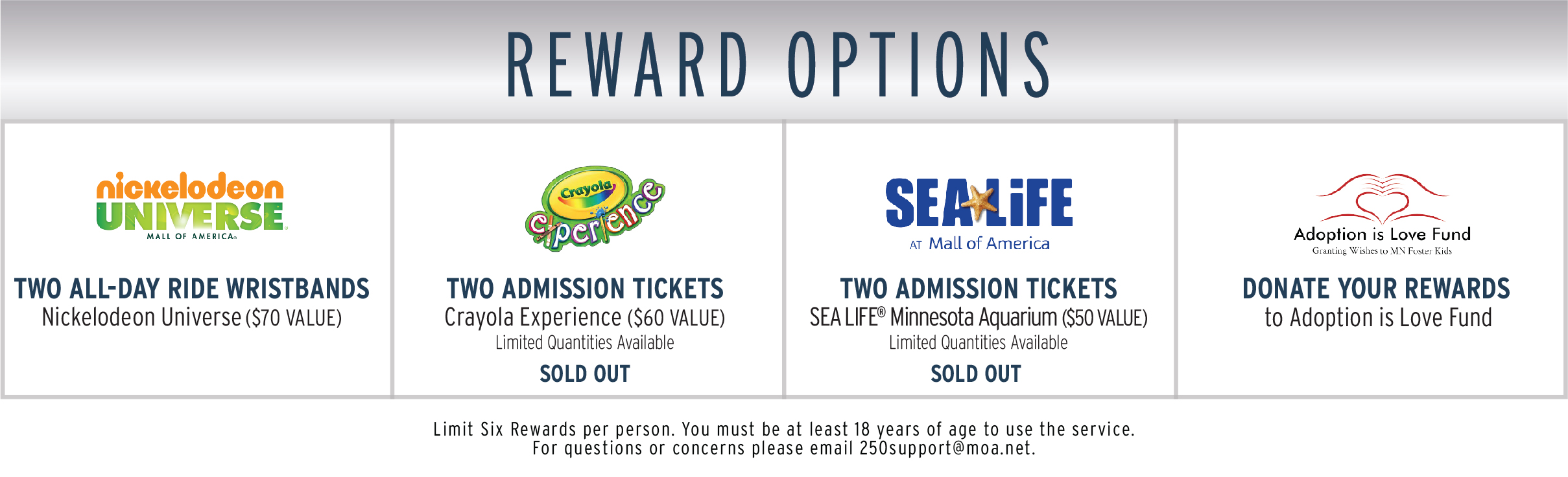 Reward options: two Nickelodeon Universe all-day ride wristbands, three Crayola Experience admission tickets, two Sea Life admission tickets, or donate your rewards to Ronald McDonald House